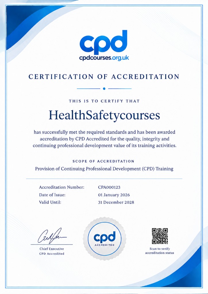 CPD Accredited certification of accreditation for Health Safety Courses, accreditation number CPA000123, valid until 31 December 2028